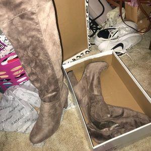 knee high brown felt heel boots